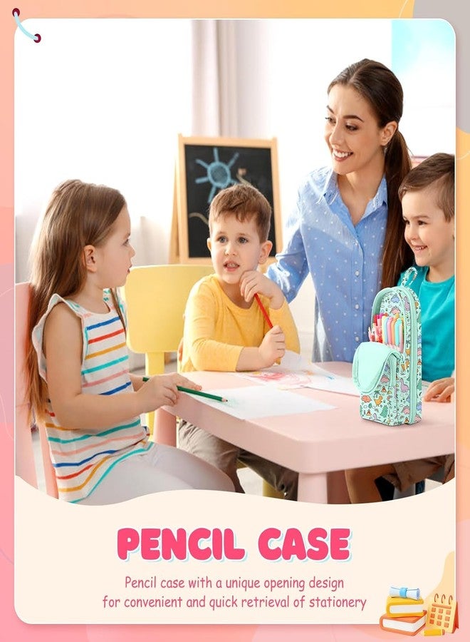 Dravina Canvas Large Capacity Pencil Pouch with 3 Zippers & 5 Compartments| Aesthetic Stationary Standing Pencil Case| Waterproof School Box for Girls & Boys Unicorn Pencil Box (Green Dinosaur) - Image 5